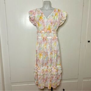 Current Air Anthropologie Tie Dye Ruffle Trim Short Sleeve Midi Dress
